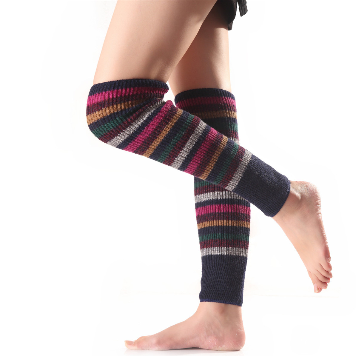 Knit Matching Stripe Pile Leg Warmers Winter Bohemian Wool Warm Boot Cover Cuffs